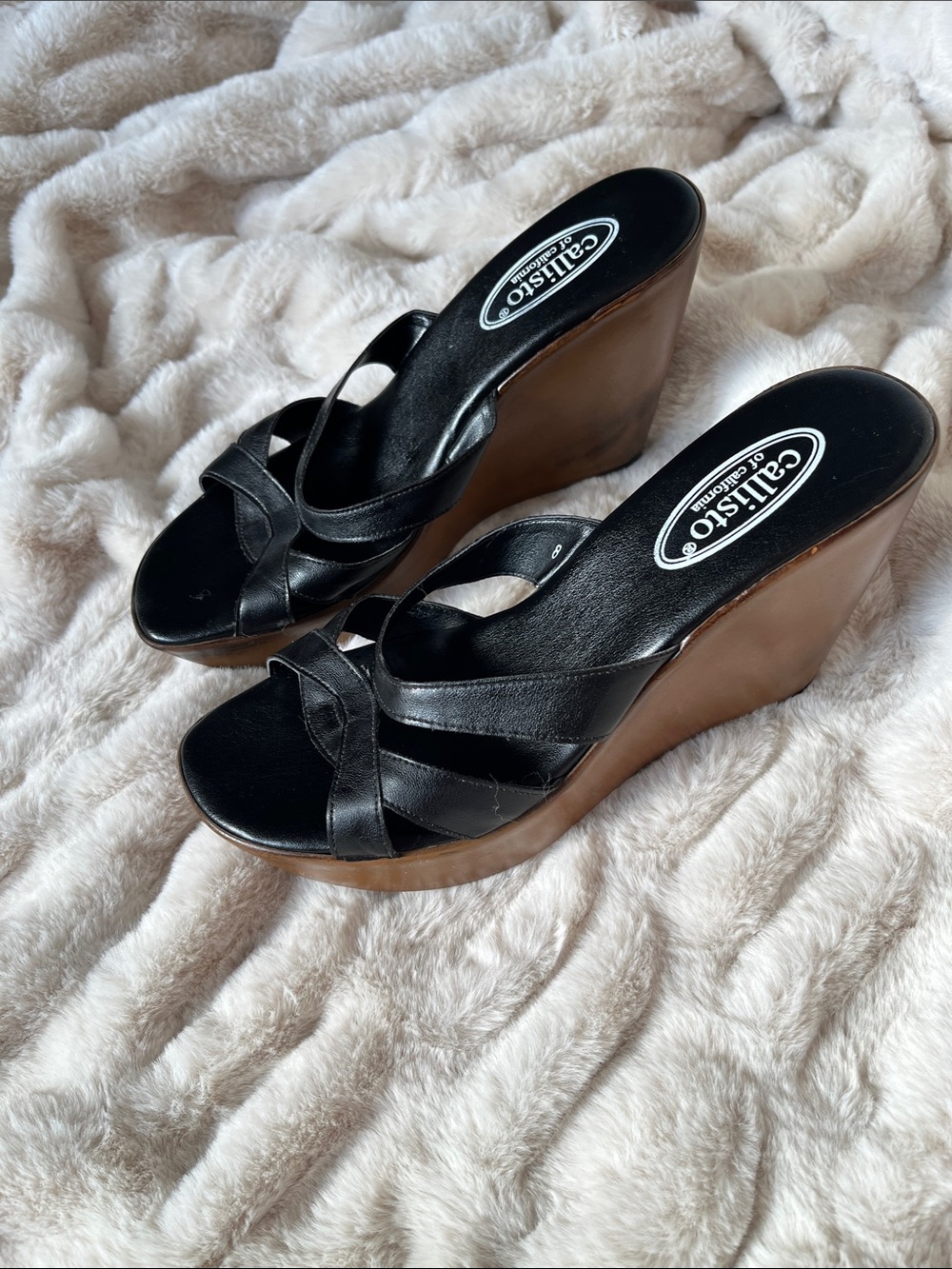 Callisto Black Leather Wedge Sandals